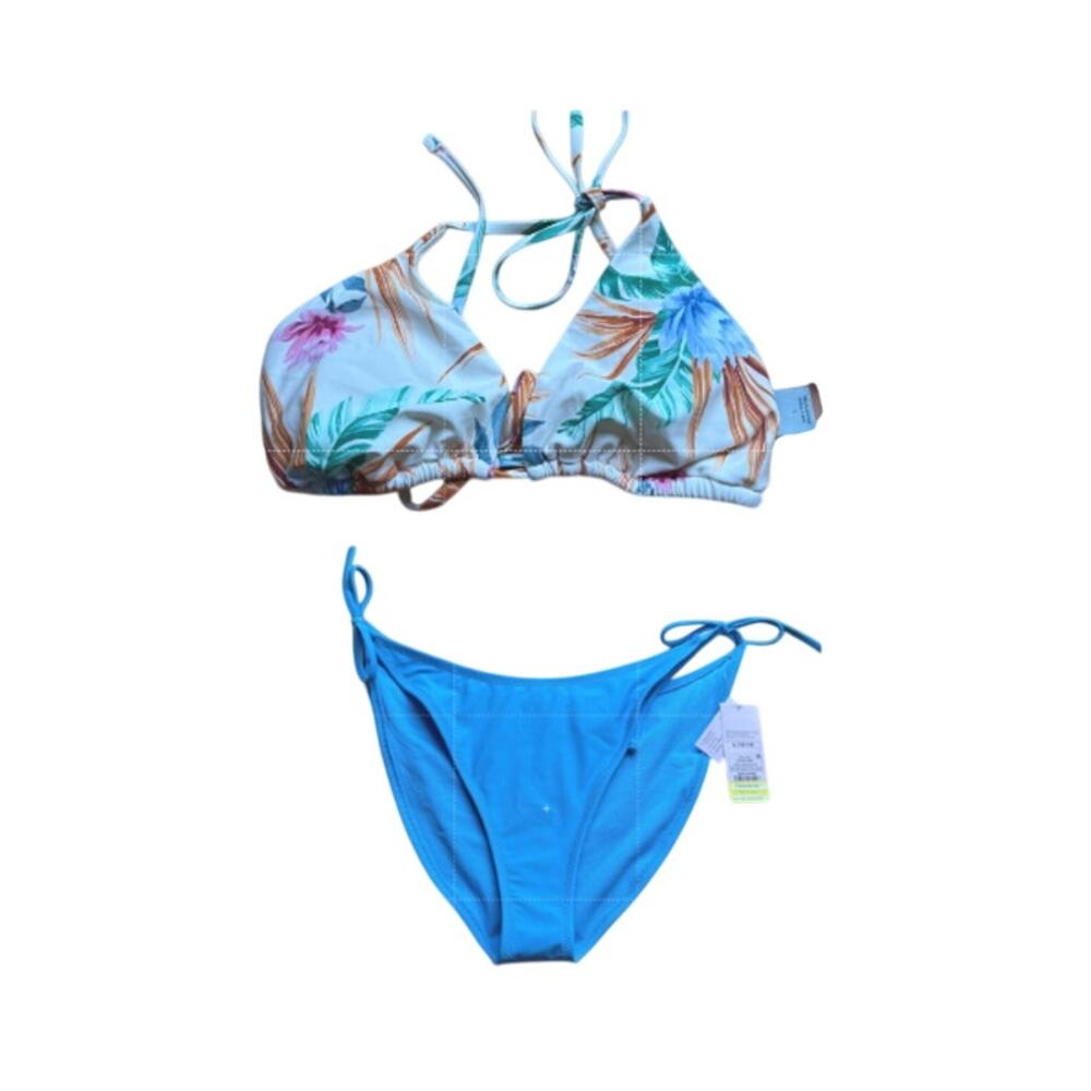 Wild Fable Large Blue White Tropical Floral Print Tie Bikini Swim Set High Cut